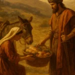 Pintura clássica de Abigail na Bíblia ajoelhada diante de Davi, oferecendo uma cesta de mantimentos, com soldados e um jumento ao fundo.