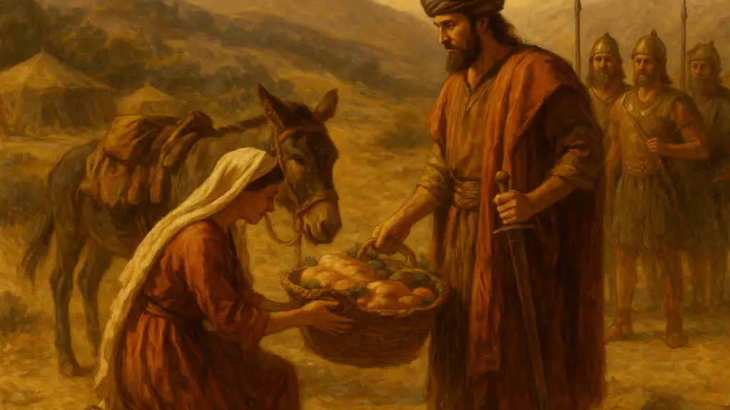 Pintura clássica de Abigail na Bíblia ajoelhada diante de Davi, oferecendo uma cesta de mantimentos, com soldados e um jumento ao fundo.