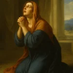 Pintura clássica em estilo neoclássico representando Ana na Bíblia orando no templo, transmitindo devoção, fé e esperança.