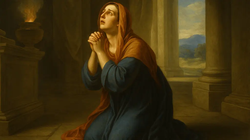 Pintura clássica em estilo neoclássico representando Ana na Bíblia orando no templo, transmitindo devoção, fé e esperança.