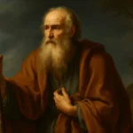 Pintura clássica em estilo barroco retratando Barzilai, o ancião de Rogelim, oferecendo apoio e provisões ao rei Davi durante sua fuga, simbolizando lealdade, generosidade e fé na Bíblia.