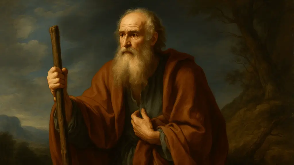 Pintura clássica em estilo barroco retratando Barzilai, o ancião de Rogelim, oferecendo apoio e provisões ao rei Davi durante sua fuga, simbolizando lealdade, generosidade e fé na Bíblia.