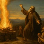 Pintura clássica de Elias no monte Carmelo, com fogo descendo do céu sobre o altar, cercado por homens em oração e paisagem montanhosa ao fundo - Quem foi Elias na Bíblia