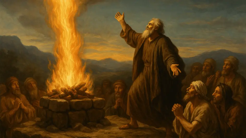Pintura clássica de Elias no monte Carmelo, com fogo descendo do céu sobre o altar, cercado por homens em oração e paisagem montanhosa ao fundo - Quem foi Elias na Bíblia