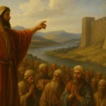 Pintura clássica retratando Josué liderando os israelitas na conquista de Jericó, com a cidade ao fundo e trombetas sendo tocadas. - Quem foi Josué na Bíblia