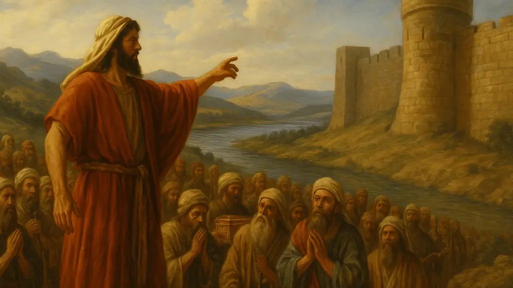 Pintura clássica retratando Josué liderando os israelitas na conquista de Jericó, com a cidade ao fundo e trombetas sendo tocadas. - Quem foi Josué na Bíblia