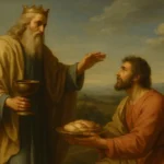 Pintura a óleo em estilo renascentista representando Melquisedeque na Bíblia, sacerdote e rei de Salém, oferecendo pão e vinho a Abraão, com atmosfera sagrada e simbólica