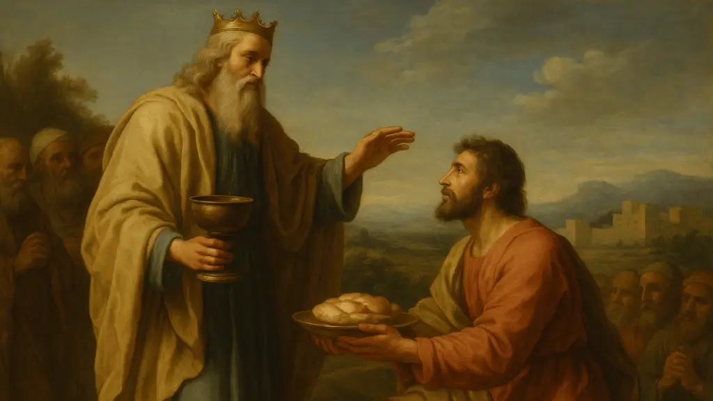 Pintura a óleo em estilo renascentista representando Melquisedeque na Bíblia, sacerdote e rei de Salém, oferecendo pão e vinho a Abraão, com atmosfera sagrada e simbólica