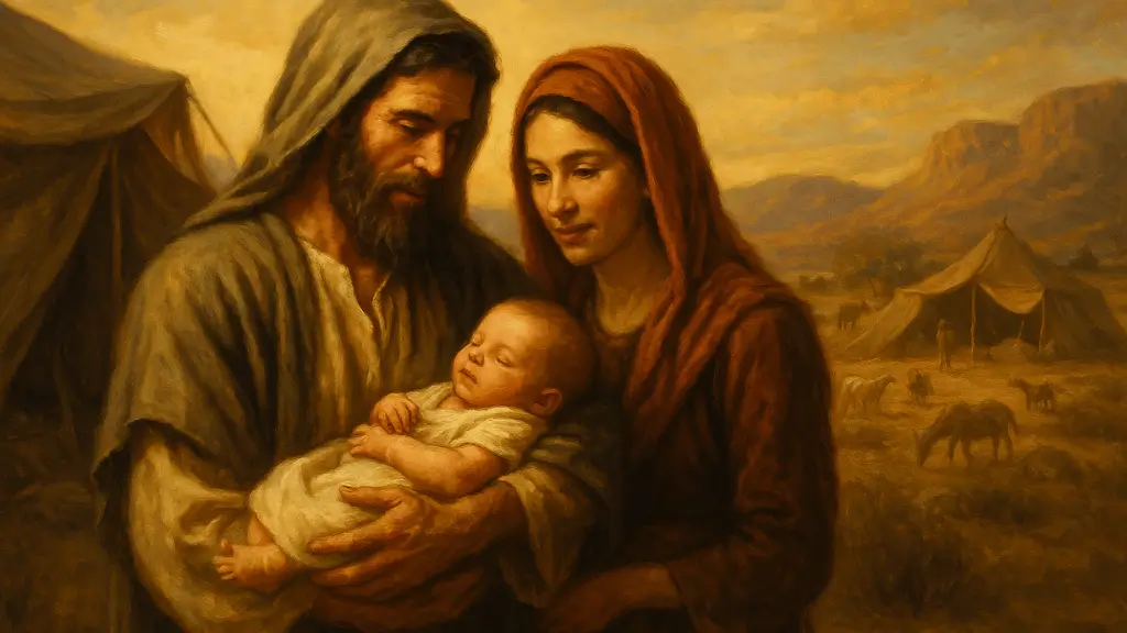 Representação artística de Moisés em Midiã segurando seu primeiro filho, Gérson, ao lado de Zípora, com tendas e rebanho ao fundo — quem foi o primeiro filho de Moisés na Bíblia.