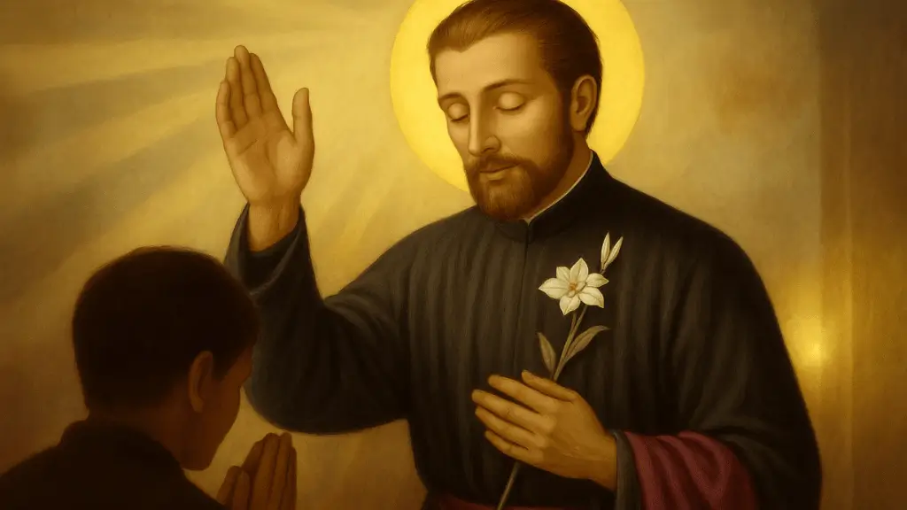 Imagem de São Caetano em estilo religioso tradicional, com vestes escuras, auréola dourada e a mão levantada em gesto de bênção, simbolizando proteção e fé para os desempregados.