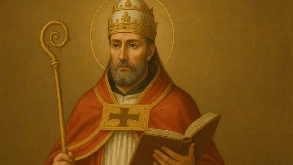 Pintura sacra de São Gregório Magno, representado como papa com tiara papal, vestes vermelhas e brancas, segurando um livro aberto e um cajado dourado, com auréola dourada ao fundo.