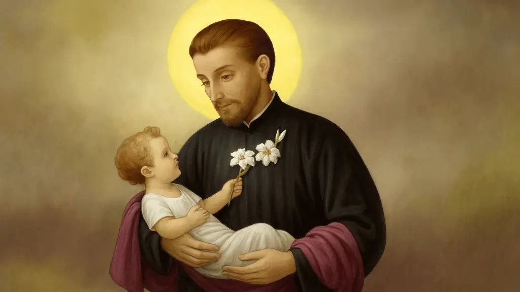 Imagem de São Caetano segurando o Menino Jesus nos braços, com auréola dourada ao fundo, representando devoção e pureza.